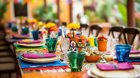 A vibrant Cinco de Mayo celebration with colorful papel picado banners, festive table settings, and traditional Mexican decorations.の素材