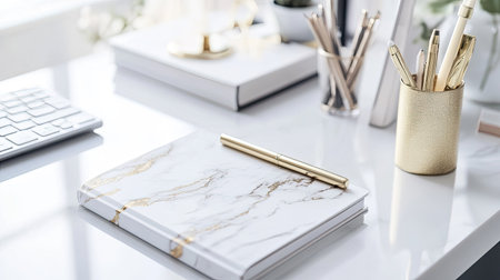 A stylish desk setup with a marble notebook, gold pen, and a desk organizer holding various office supplies, all on a clean, modern desk.の素材