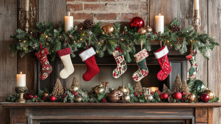 A charming holiday mantel decorated with garlands, stockings, and a collection of festive ornaments and candles.の素材