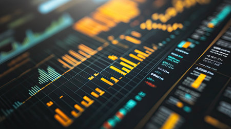 A close-up of a financial spreadsheet on a computer screen with complex charts, tables, and data related to market analysis.の素材