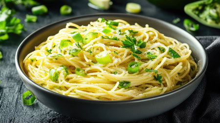 A bowl of Italian spaghetti with a creamy green zucchini sauce, garnished with sliced green onions and fresh herbs, on a dark tablecloth.の素材