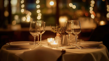 A romantic dinner setup for two with candles, a beautifully set table with fine china, and a backdrop of soft, ambient lighting.の素材