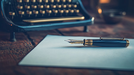 A close-up of a vintage typewriter with a sheet of paper and a stylish fountain pen resting on top, evoking a classic writing feel.の素材