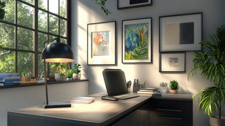 A sophisticated office workspace with modern decor elements like a stylish desk lamp, potted plants, and framed art on the walls.の素材