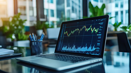 A financial chart on a laptop screen with various indicators, including moving averages and trading volumes, in a modern office setting.の素材