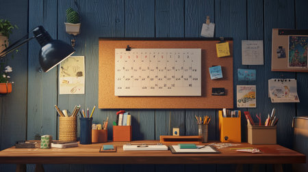 A creative workspace featuring a hand-drawn calendar, various stationery tools, and a motivational quote pinned to a corkboard.の素材