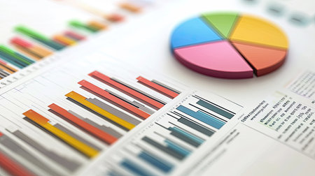 A close-up of a financial chart with pie segments and bar graphs illustrating various investment sectors and their performance.の素材