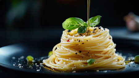 A stylishly arranged plate of Italian spaghetti with green bell peppers and a drizzle of olive oil, contrasted against a deep black backdrop.の素材