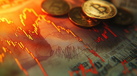 A close-up of a financial chart with fluctuating lines and percentages, with a background of banknotes and coins.の素材
