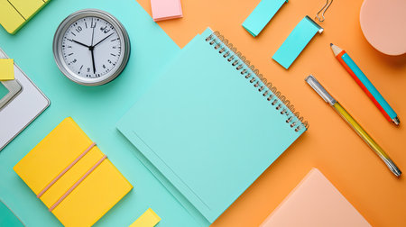 A flat lay of an office desk with a modern planner, a set of highlighters, sticky notes, and a stylish desk clock.の素材
