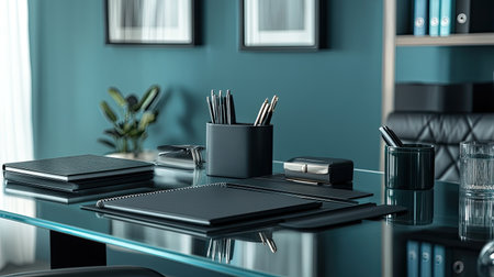 A modern home office with a glass desk, featuring a sleek planner, stylish pen holder, and neatly arranged stationery supplies.の素材