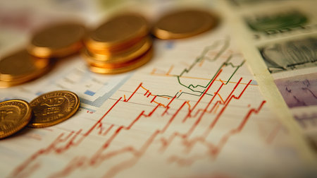 A close-up of a financial chart with fluctuating lines and percentages, with a background of banknotes and coins.の素材