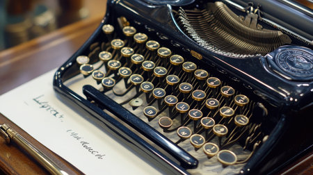 A close-up of a vintage typewriter with a sheet of paper and a stylish fountain pen resting on top, evoking a classic writing feel.の素材