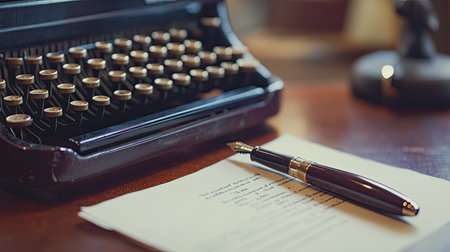 A close-up of a vintage typewriter with a sheet of paper and a stylish fountain pen resting on top, evoking a classic writing feel.の素材