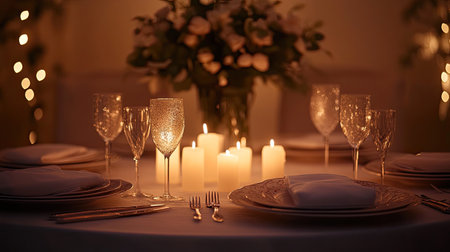 A romantic dinner setup for two with candles, a beautifully set table with fine china, and a backdrop of soft, ambient lighting.の素材