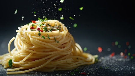 A serving of Italian spaghetti with vibrant green pesto and a sprinkle of crushed red pepper, set against a dramatic, dark background.の素材