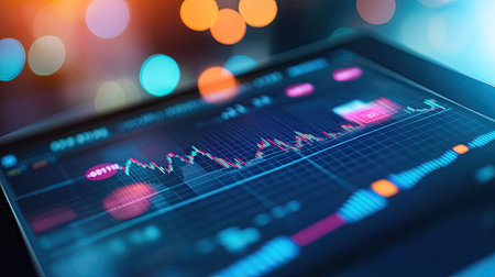 A close-up of a financial chart on a tablet screen, showing a rising trend line with currency symbols and graphs in the background.の素材