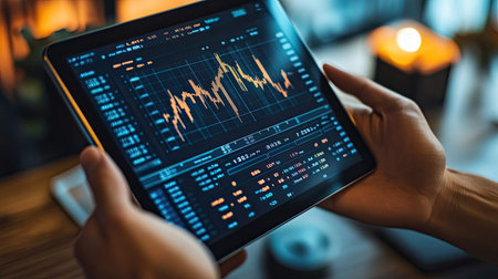 A persons hands holding a tablet displaying detailed financial charts, with stock prices, currency rates, and economic indicators.の素材