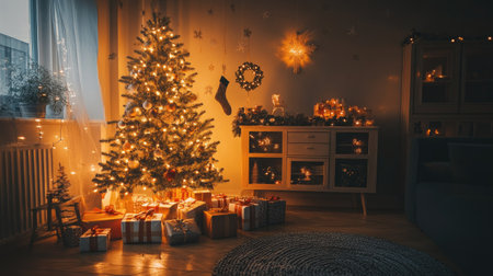 A cozy living room decorated for the holidays with a beautifully adorned Christmas tree, twinkling lights, and wrapped presents underneath.の素材