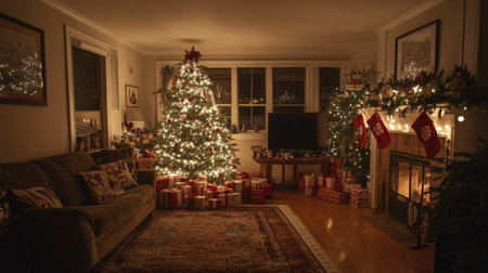 A cozy living room decorated for the holidays with a beautifully adorned Christmas tree, twinkling lights, and wrapped presents underneath.の素材