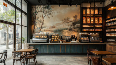 A chic cafÃÂ© interior with cozy seating, artistic wall decor, and a stylish display of pastries and coffee drinks on the counter.の素材