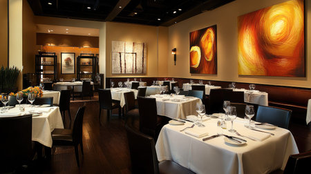 A contemporary restaurant with stylish decor, including modern artwork, elegant table settings, and ambient lighting creating a sophisticated atmosphere.の素材
