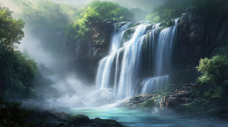 A majestic waterfall cascading down a rugged cliff into a crystal-clear pool below, surrounded by lush green forest and mist.の素材