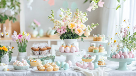 A festive Easter brunch setup with pastel-colored decorations, a beautifully arranged table with eggs, flowers, and spring-themed treats.の素材