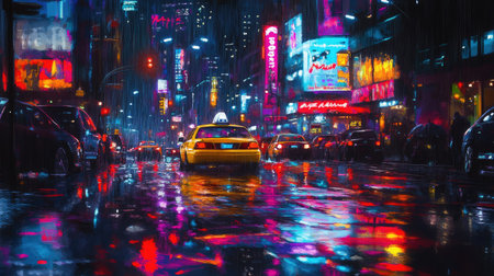 A nighttime cityscape with rain-soaked streets, colorful reflections from neon signs, and cars driving through puddles, creating splashes.の素材