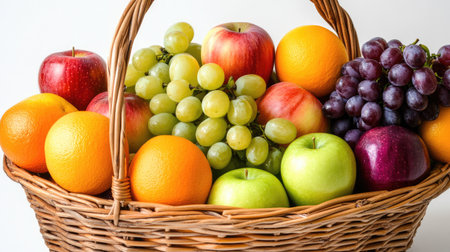 A basket filled with an assortment of bright-colored fruits, including apples, oranges, and grapes, against a white backdrop.の素材