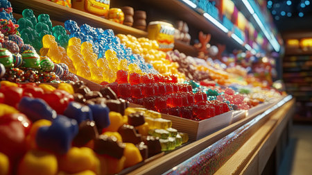 A close-up of a candy store counter filled with various sweets like gummy bears, lollipops, and chocolates.の素材