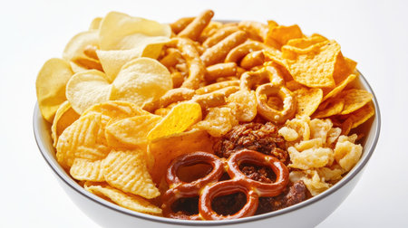 A bowl filled with assorted chips, pretzels, and cheesy snacks, perfect for a movie night or party.の素材