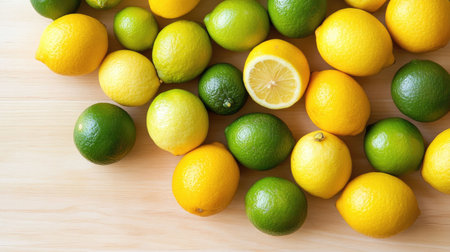 A bunch of bright yellow lemons and green limes scattered on a light wooden surface, evoking a fresh, citrus scent.の素材