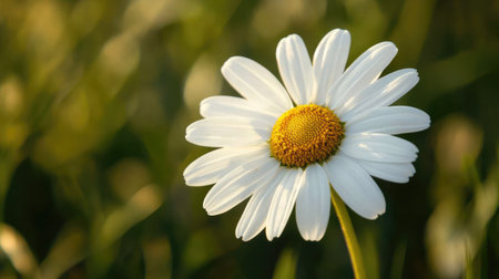 A bright white daisy with a sunny yellow center, captured in sharp focus against a blurred green field.の素材