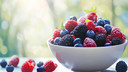 A bowl overflowing with fresh, vibrant berries--raspberries, blueberries, and blackberries--against a bright background.の素材