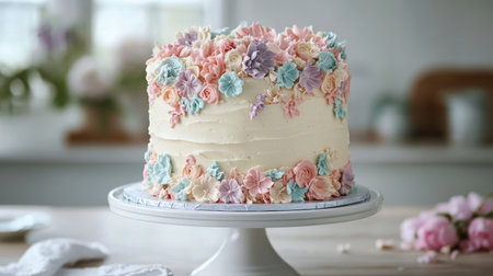 A beautifully decorated three-layer vanilla cake with pastel-colored frosting and delicate floral decorations, displayed on a white cake stand.の素材