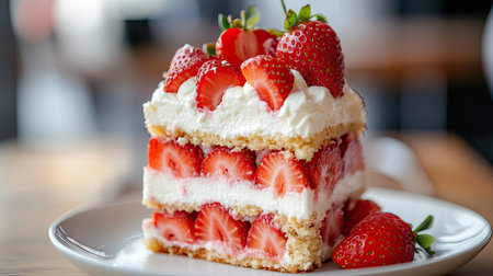 A close-up of a classic strawberry shortcake, with layers of fluffy sponge, fresh cream, and juicy strawberries, on a dessert plate.の素材