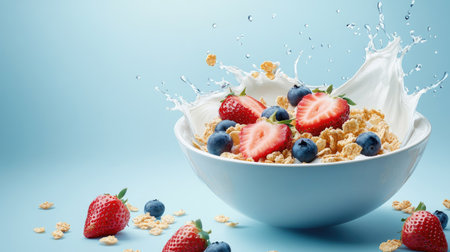 A bowl of crunchy cereal topped with fresh strawberries and blueberries, with a splash of milk.の素材