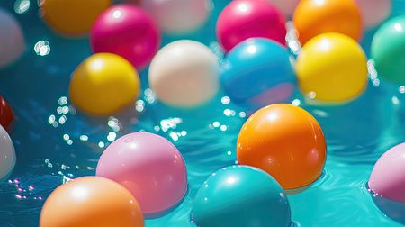 A collection of bright, bouncy foam balls floating in a pool, creating a fun, summer vibe.の素材