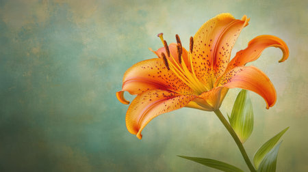 A close-up of a bright orange lily with speckled petals, standing out against a soft green background.の素材