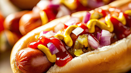 A close-up of a hot dog loaded with mustard, ketchup, relish, and onions, nestled in a soft bun.の素材