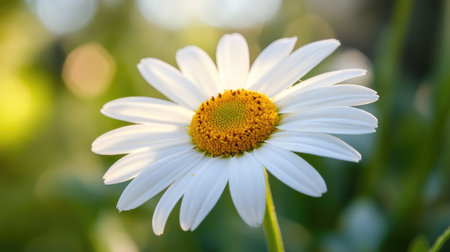 A bright white daisy with a sunny yellow center, captured in sharp focus against a blurred green field.の素材