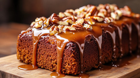 A close-up of a moist banana cake with caramel drizzle and chopped nuts, served on a rustic wooden cutting board.の素材