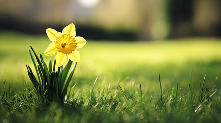 A close-up of a bright yellow daffodil blooming in the spring, surrounded by fresh green grass.の素材