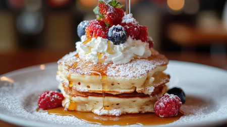 A close-up of a stack of pancakes topped with whipped cream, berries, and a drizzle of syrup.の素材