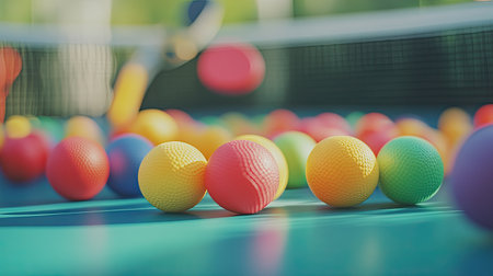 A close-up of bright-colored table tennis balls scattered across a ping pong table, with paddles in the background.の素材