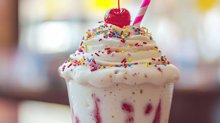A close-up of a decadent milkshake topped with whipped cream, sprinkles, and a cherry.の素材