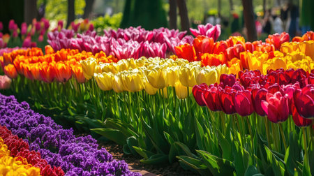 A bright, colorful display of blooming tulips in a variety of colors, creating a rainbow effect in a well-maintained garden.の素材