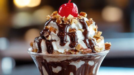 A close-up of a hot fudge sundae topped with whipped cream, nuts, and a cherry on top.の素材