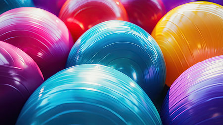 A close-up of bright-colored inflatable yoga balls, with light reflections highlighting their smooth surfaces.の素材
